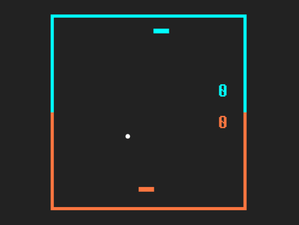Retro game style with neon color paddles against a dark background.