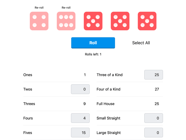 Depiction of five dice with a scorecard underneath.