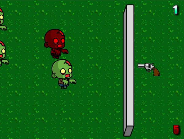 Depiction of zombies walking toward a gray wall behind which is a floating pistol.